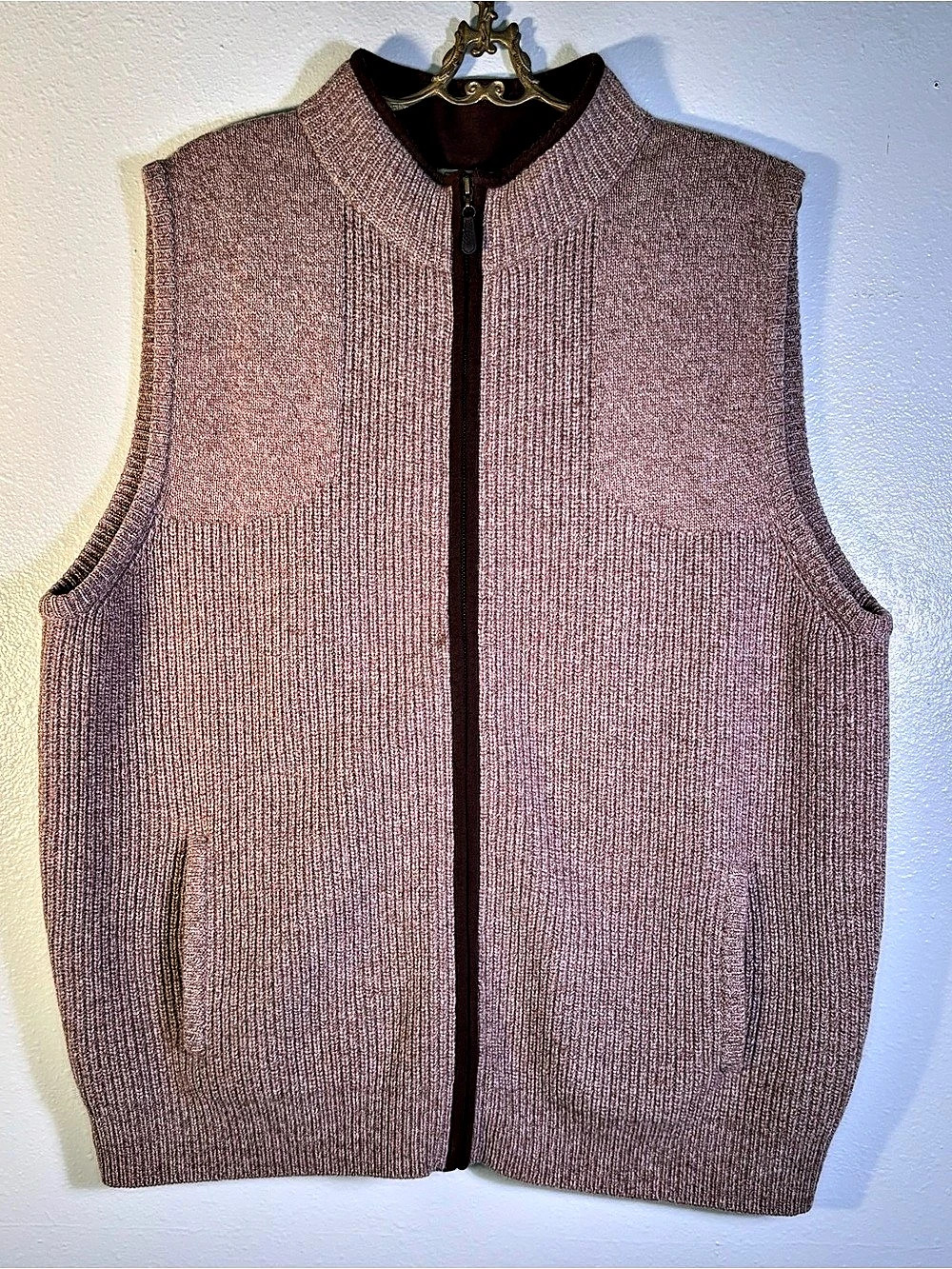 L.L.Bean Men’s XL 100% Lambswool Full Zip Sweater Vest Brown Heather Pockets